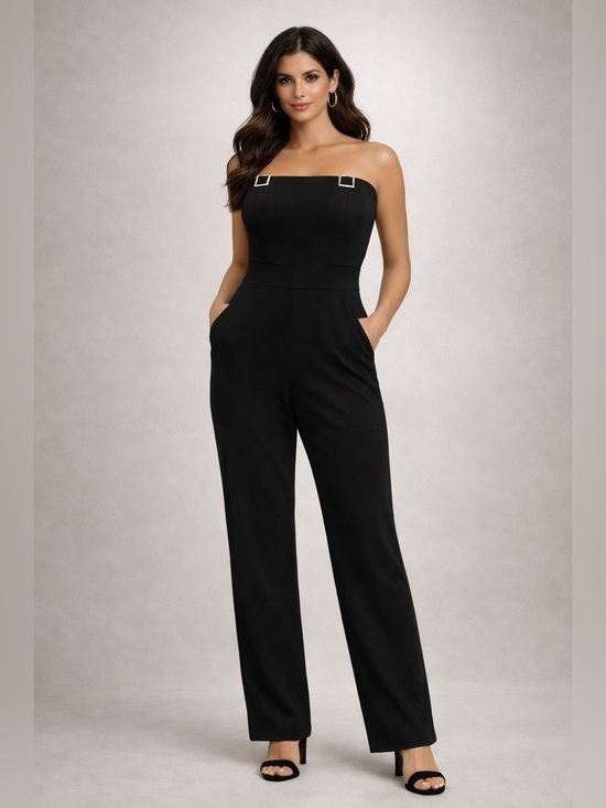 Zara Pants - ZARA WOMAN BLACK COLLECTION STRAPLESS JUMPSUIT  Silver Buckles Sz M Wide Leg